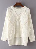 Shein White Diamond Pattern Tassel Dip Hem Sweater