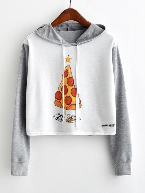 Shein Cartoon Print Marled Crop Hoodie