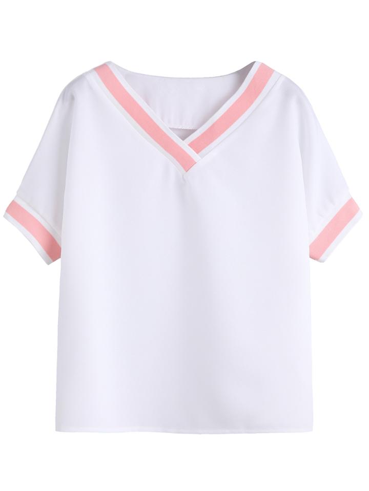 Shein White V Neck Contrast Trim T-shirt