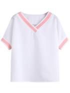 Shein White V Neck Contrast Trim T-shirt
