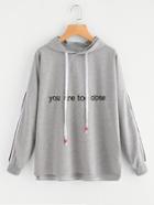 Shein Drop Shoulder Slogan Embroidered Striped Sleeve Hoodie
