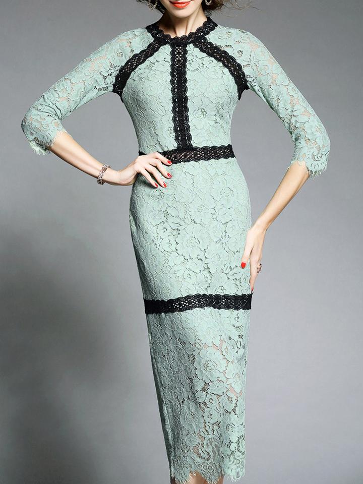 Shein Green Contrast Black Lace Midi Dress