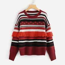 Shein Drop Shoulder Ruffle Trim Geo Sweater