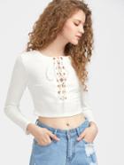 Shein Eyelet Lace Up Front Crop Ribbed Tee