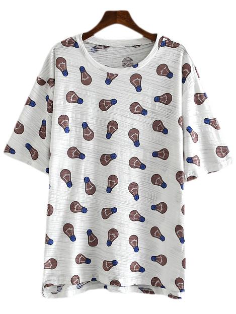 Shein Coffee Short Sleeve Bulb Printed Casual T-shirt