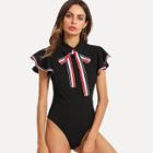 Shein Striped Tie Neck Flutter Sleeve Bodysuit