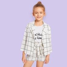 Shein Girls Belted Grid Top & Shorts Set