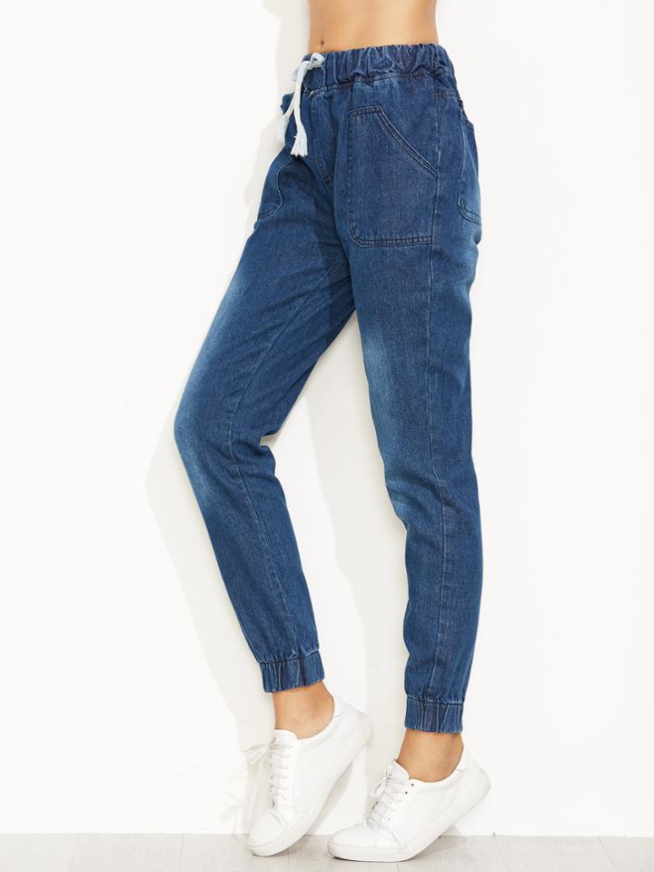 Shein Blue Drawstring Elastic Hem Jeans