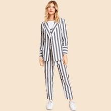 Shein Notch Collar Striped Blazer And Pants Set