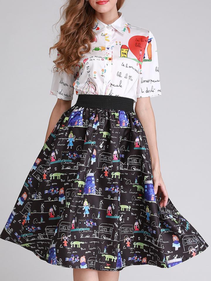 Shein Black Lapel Cartoon Print Top With Skirt