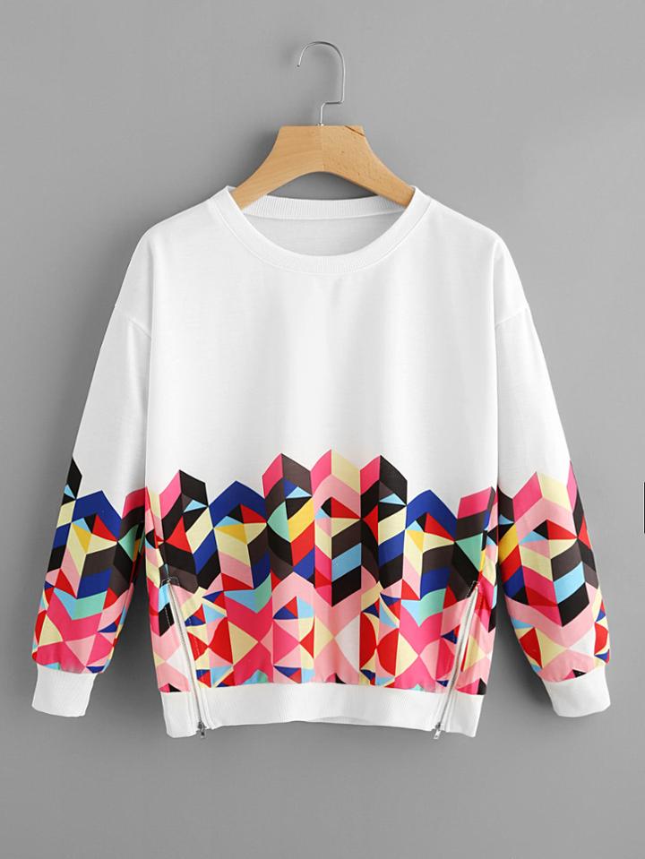 Shein Geo Print Zipper Side Drop Shoulder Sweatshirt
