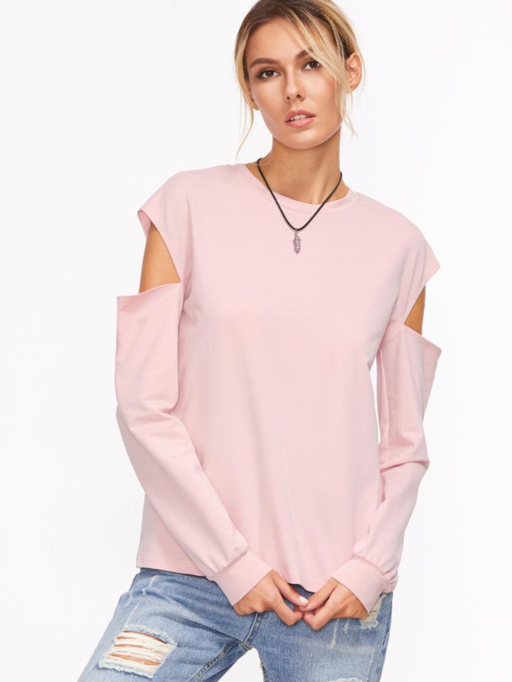 Shein Pink Open Shoulder Split Back Sweatshirt