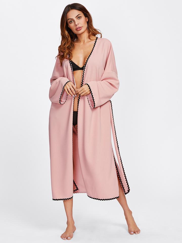Shein Wave Lace Trim Side Slit Belted Coat