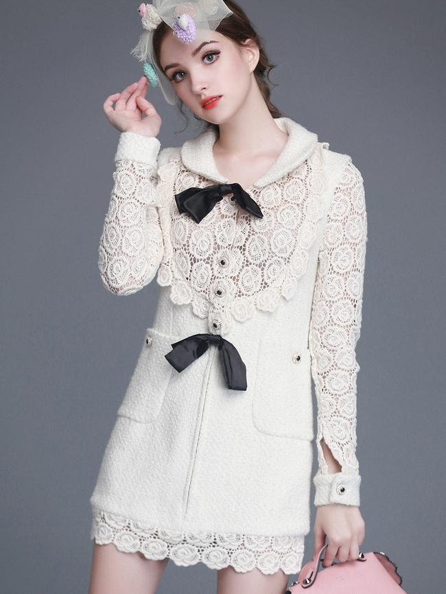 Shein Beige Lapel Long Sleeve Bow Tie Hollow Crochet Dress