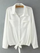 Shein White Lapel Long Sleeve Bottons Front Pockets Blouse