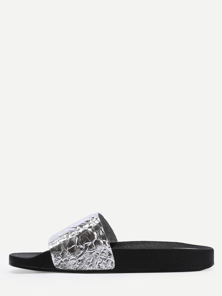 Shein Silver Metallic Faux Leather Open Toe Slippers