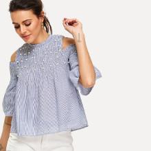Shein Pearl Beaded Open Shoulder Pinstriped Blouse