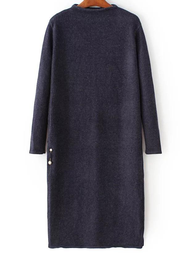 Shein Navy Mock Neck Side Slit Knit Dress