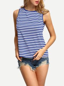 Shein Blue Crew Neck V-cut Back Striped Tank Top