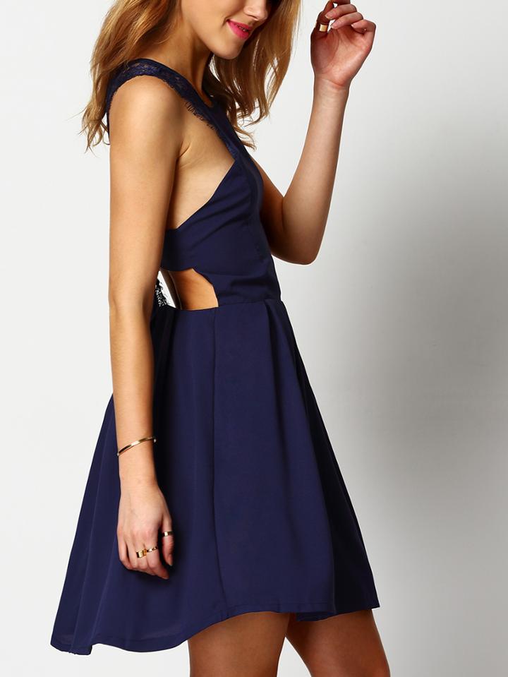 Shein Navy Cut Out Lace Insert Trapeze Dress