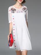Shein White Elephants Embroidered Pleated Dress