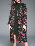 Shein Black Flowers Print Hooded Coat