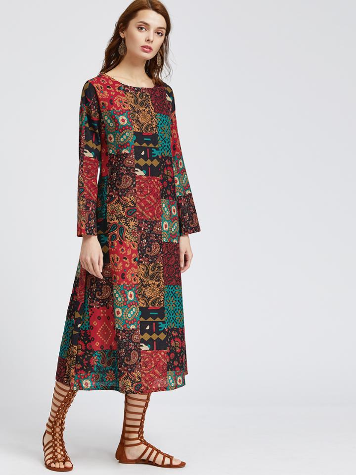 Shein Retro Print Shift Midi Dress