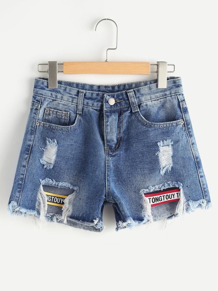 Shein Frayed Hem Denim Shorts With Letter Tape Detail