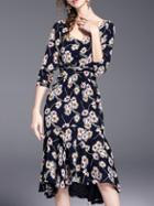 Shein Navy V Neck Backless Tie-waist Print Dress