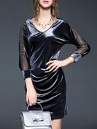 Shein Grey V Neck Mesh Velvet Dress