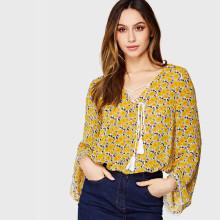 Shein Bell Sleeve Tassel Lace Up Floral Dress