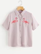 Shein Symmetric Flamingo Embroidery Shirt