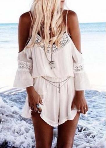Rosewe Cold Shoulder Flare Sleeve White Elastic Waist Romper
