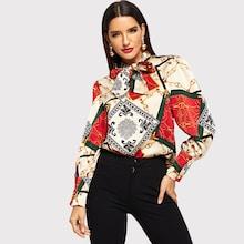 Shein Scarf Print Knot-neck Blouse