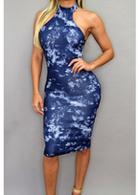 Rosewe Cutout Back Sleeveless Printed Navy Blue Dress