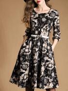 Shein Black Round Neck Length Sleeve Drawstring Pockets Print Dress