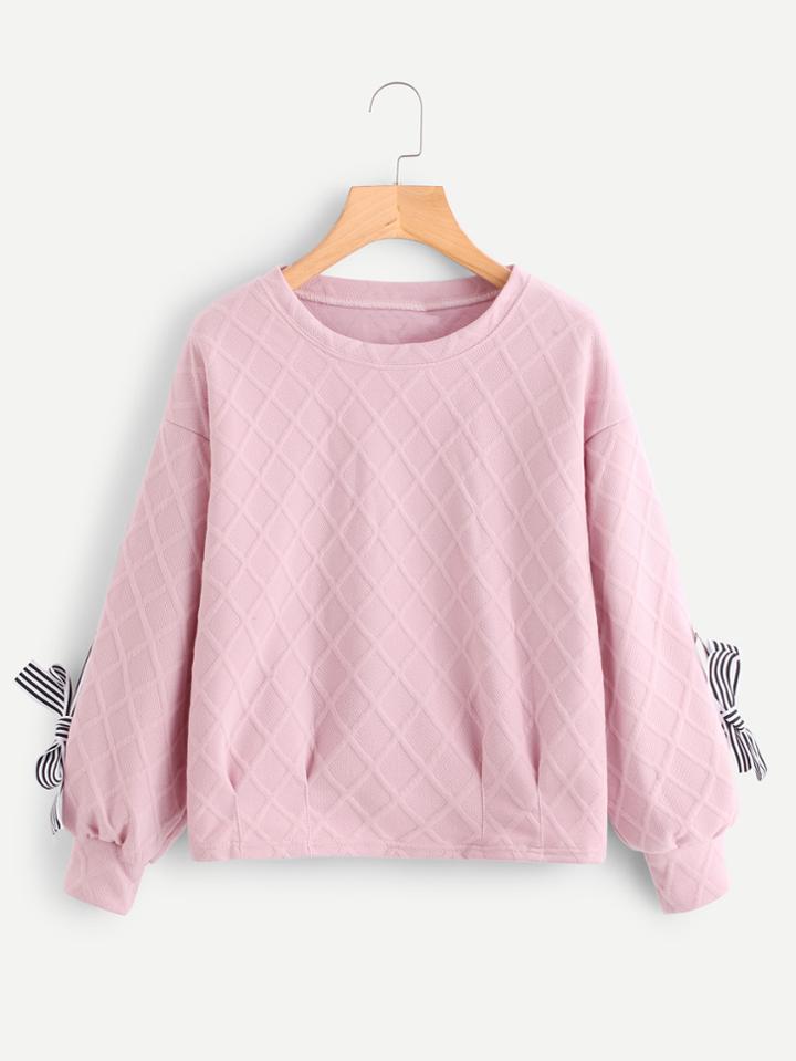 Shein Striped Tape Tie Detail Textured Pullover
