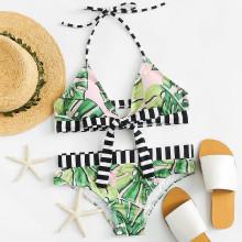 Shein Striped Trim Bow Tie Bikini Set