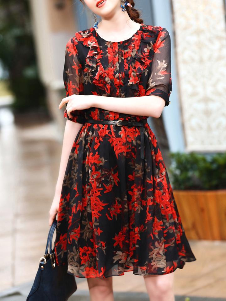 Shein Black Leaves Print Ruffle Belted Dress