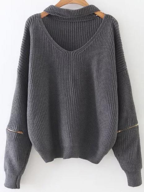 Shein Grey Choker V Neck Zipper Sleeve Sweater