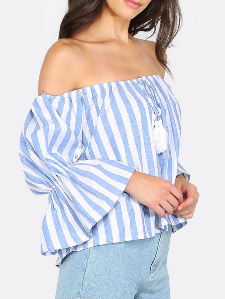 Shein Blue Striped Tassel Tie Off The Shoulder Blouse