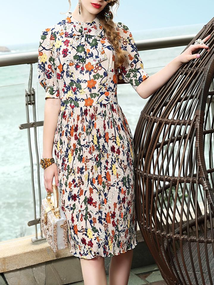 Shein Bowknot Neck Floral Pleated Dress