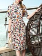 Shein Bowknot Neck Floral Pleated Dress