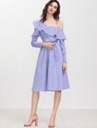 Shein Blue Striped Asymmetric Ruffle Off The Shoulder Belted Shirt Dress