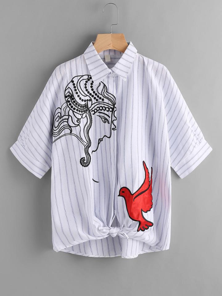 Shein Embroidery Striped Shirt