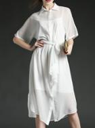 Shein White Lapel Split Tie-waist Chiffon Dress