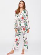 Shein Revere Collar Botanical Print Blouse And Pants Pajama Set