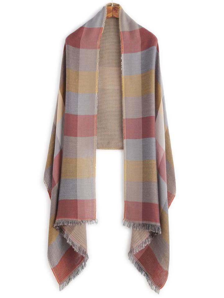 Shein Red And Yellow Plaid Fringe Edge Shawl Scarf