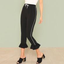 Shein Drawstring Waist Striped Side Ruffle Hem Pants