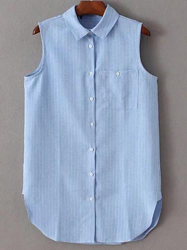 Shein Blue Lapel Striped Buttons Blouse